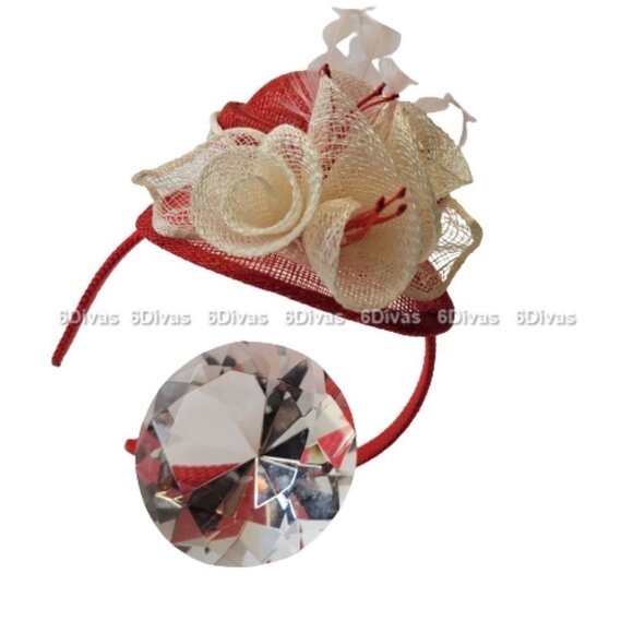 Red Top Hat Fascinator with Cream colored Feathers and Rosettes on Headband - Picture 6 of 14